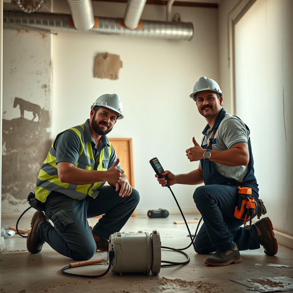A friendly Prime Heritage Mold Removal technician discussing a post-remediation report with a homeowner in a clean, restored living room in Keller, highlighting successful mold removal.