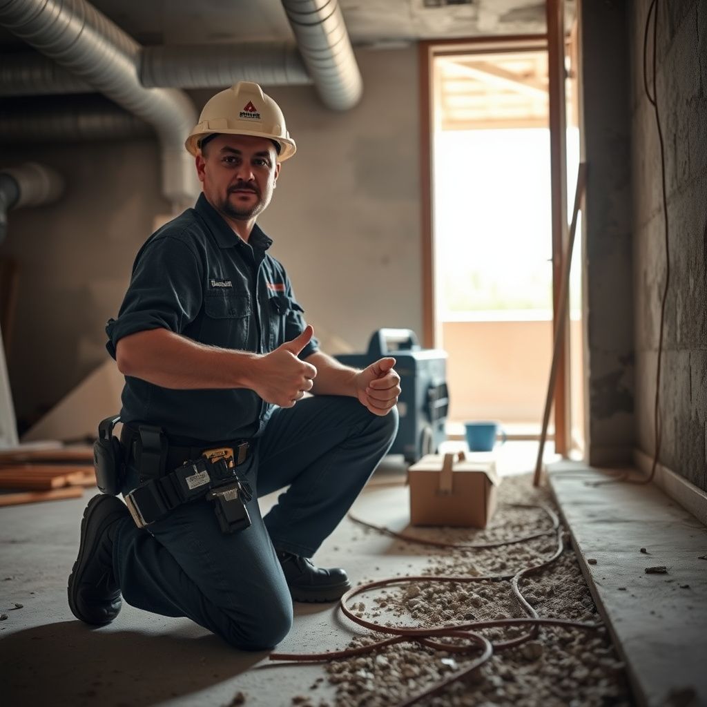 A close-up of a certified mold remediation technician's hand pointing to a moisture reading on a digital meter, indicating a damp area in a Hurst home.