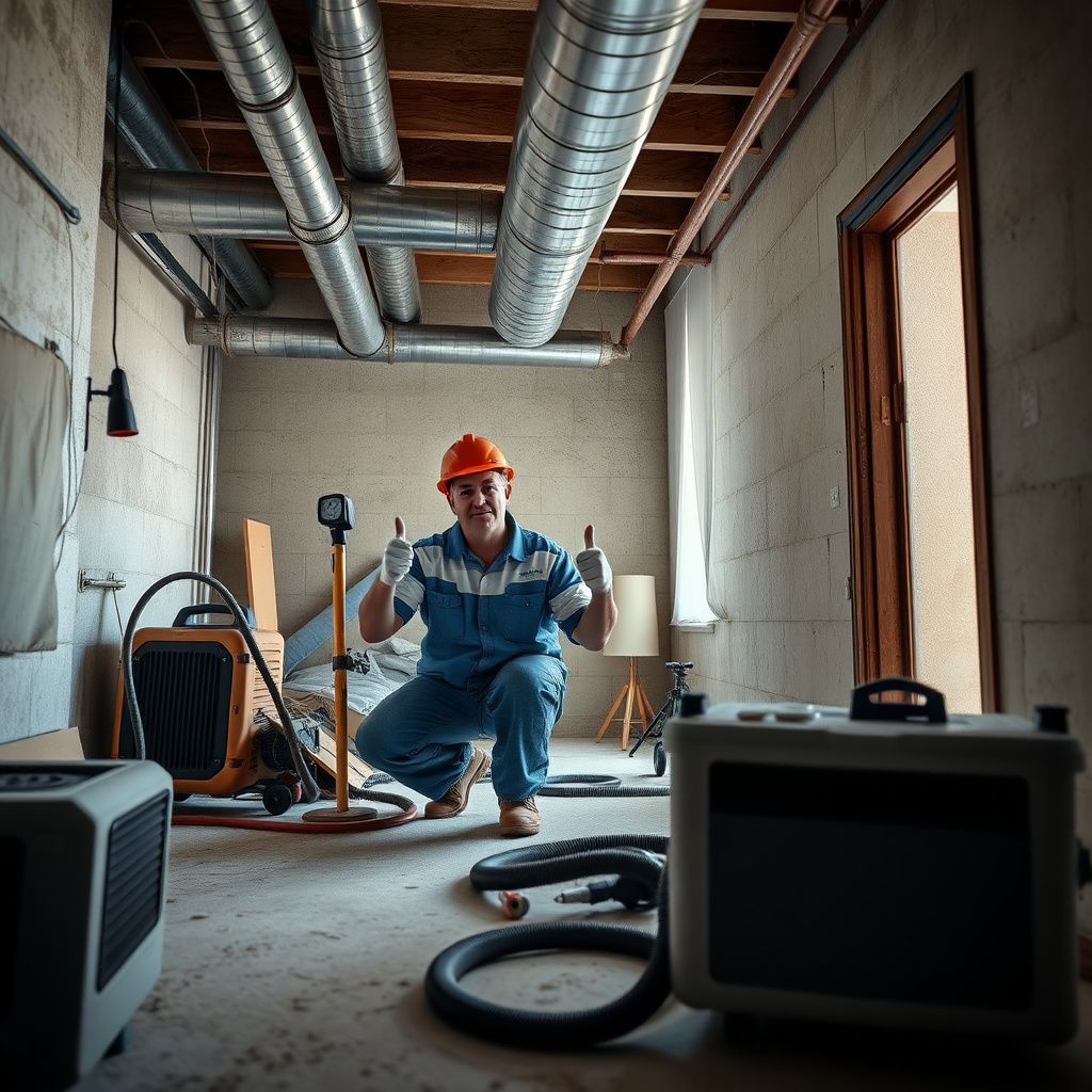 Certified mold remediation technician in full PPE inspecting a damp wall in a Bedford residential basement with a flashlight.