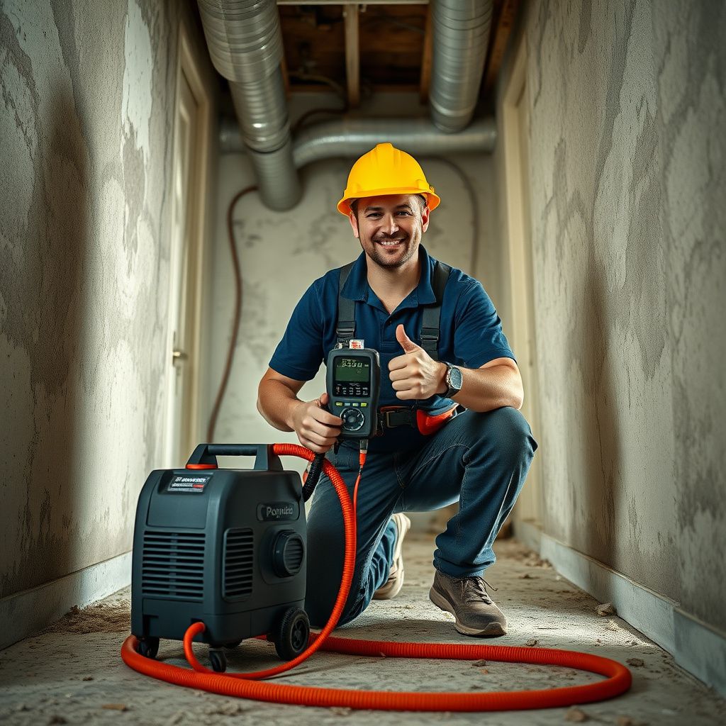 A certified mold remediation technician explaining the process to a homeowner in a clean, post-remediation living room in Richland Hills, Texas.