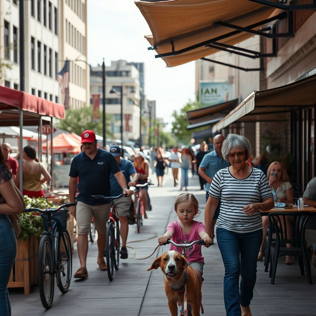 A vibrant street scene in Arlington, Texas, showing a mix of modern and traditional architecture under a bright Texas sky, with people enjoying the urban environment.