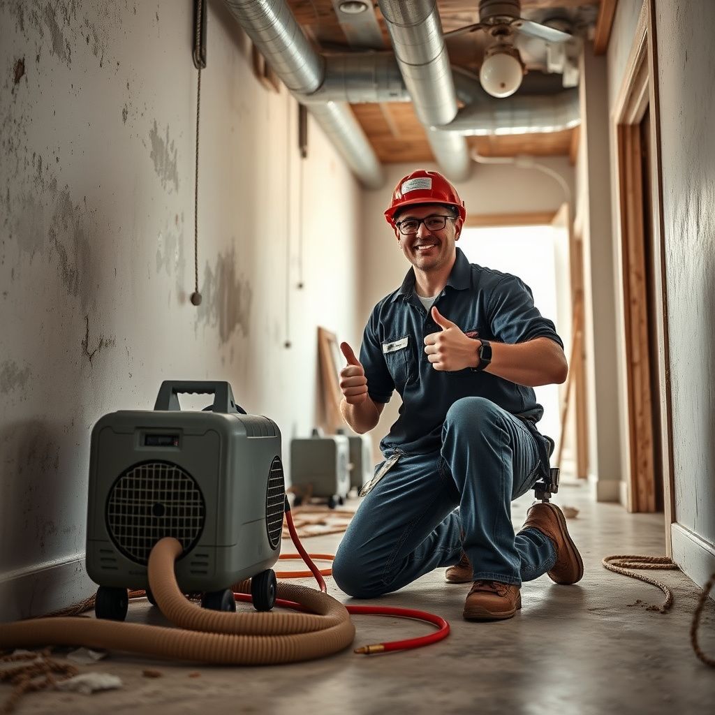 A professional mold remediation technician explaining the process to a Haltom City homeowner in a clean, post-remediation living room.